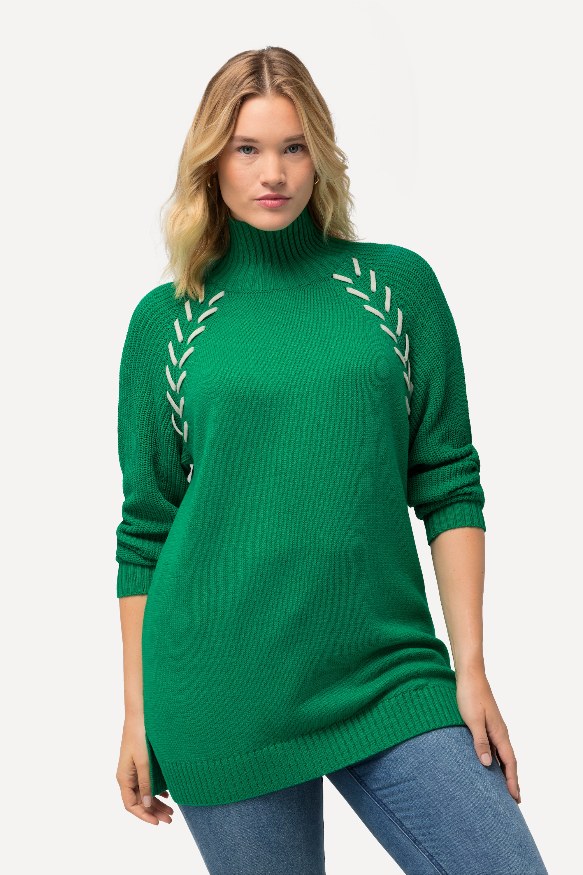 Ulla Popken Damen große Größen Pullover Schmuckbänder Stehkragen Langarm 823483