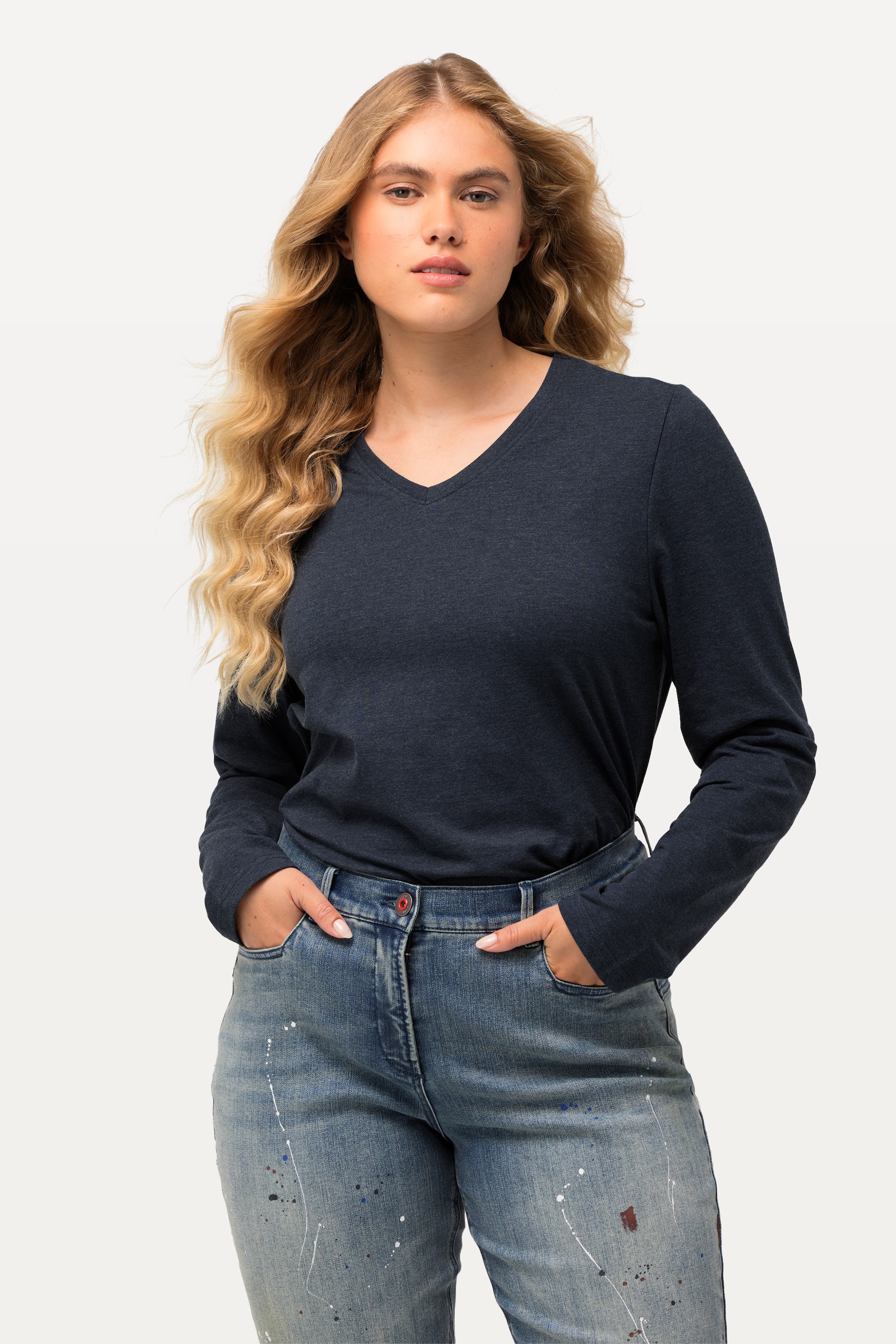 Ulla Popken Damen große Größen Shirt Rippjersey Slim V Ausschnitt Langarm 823498