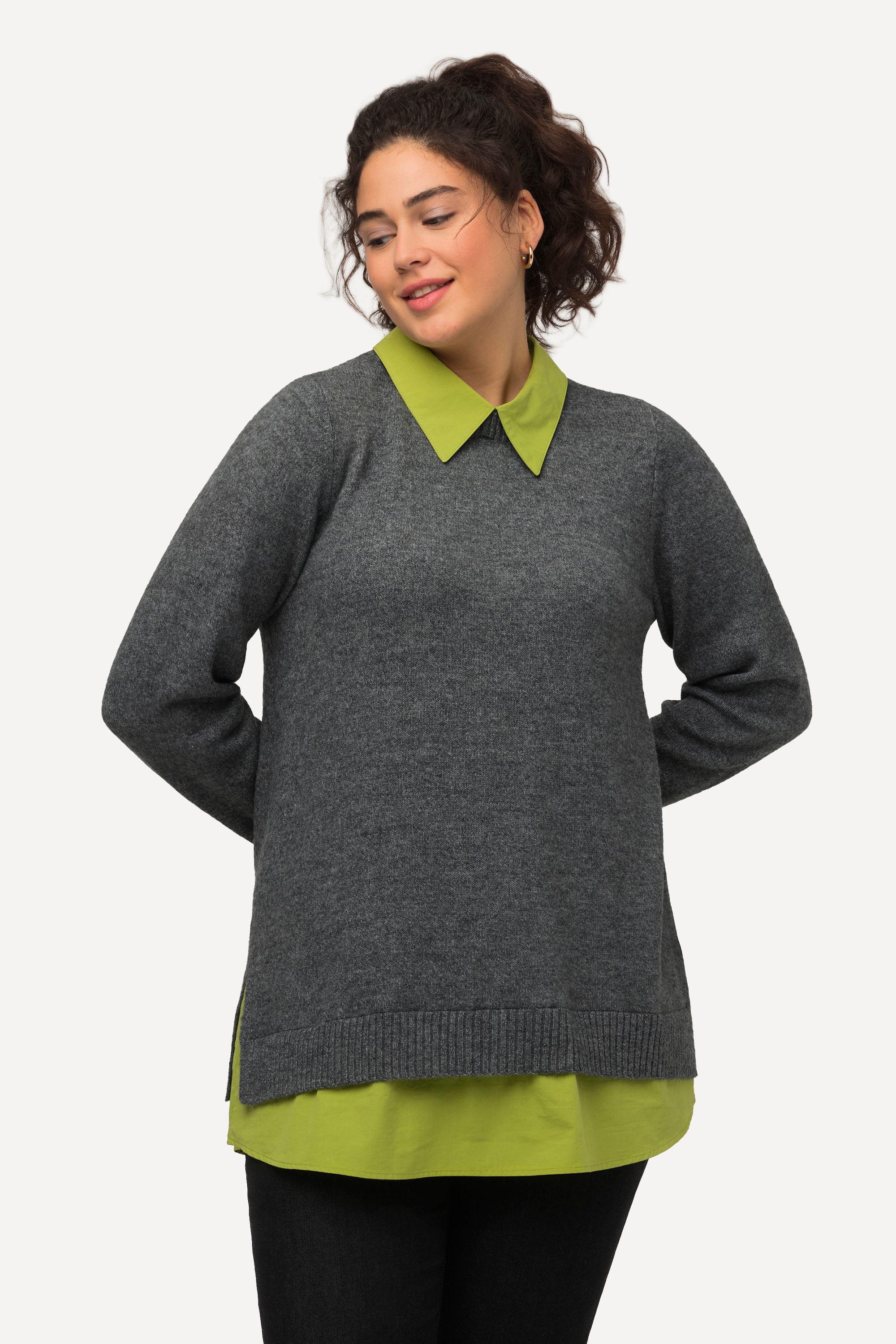 Ulla Popken Damen große Größen Pullover A Linie Hemdkragen Langarm 823512