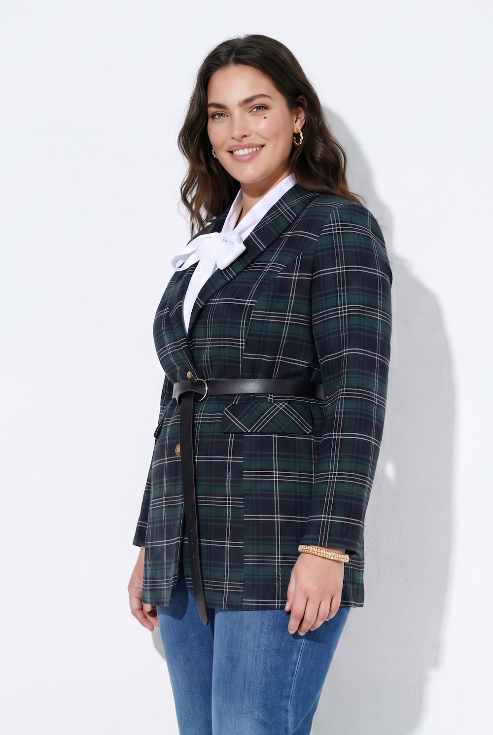 Lang blazer, rutete, reverskrage, lange ermer