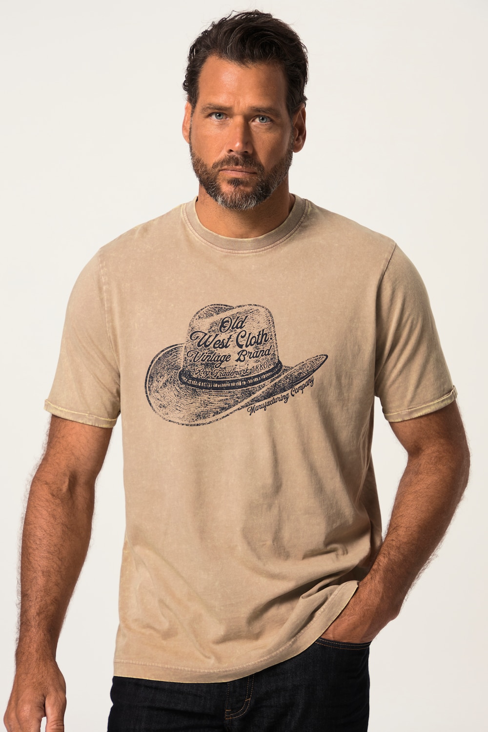grandes tailles t-shirt à manches courtes et col rond. look vintage et imprimé chapeau de cow-boy. jusqu'au 8 xl., hommes, marron, taille: 7xl, coton, jp1880