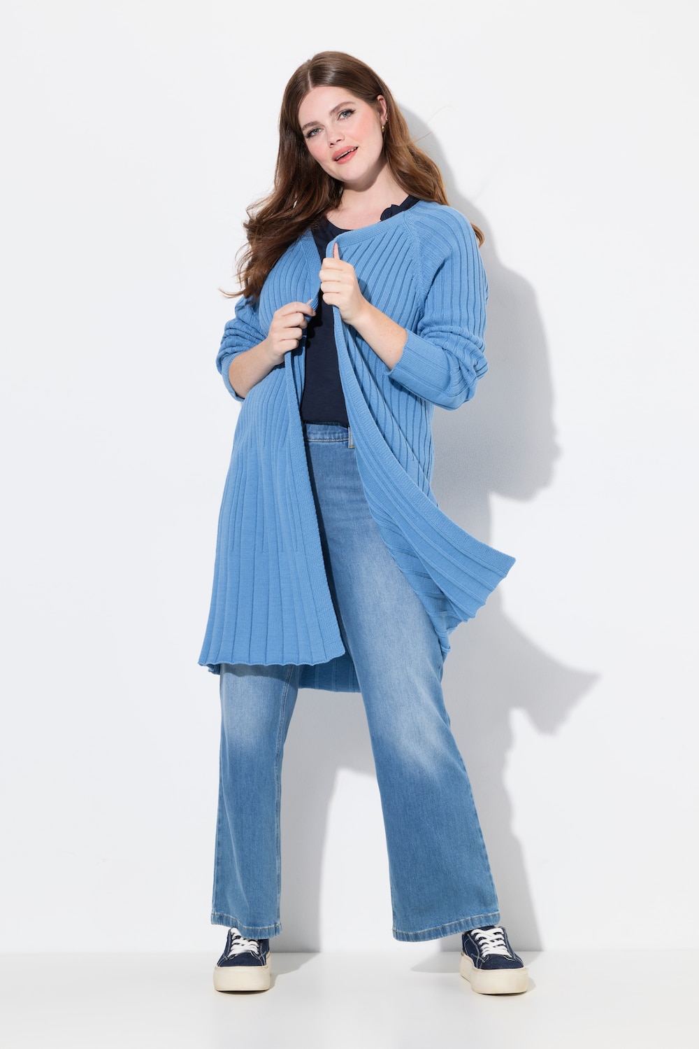 Große Größen Long-Strickjacke, Damen, blau, Größe: 58/60, Baumwolle, Ulla Popken