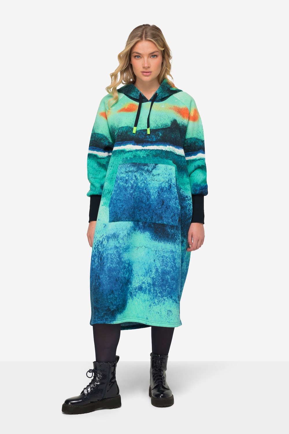 Große Größen Kapuzen Sweatkleid bedruckt, Damen, gelb, Größe: L, LAURASON