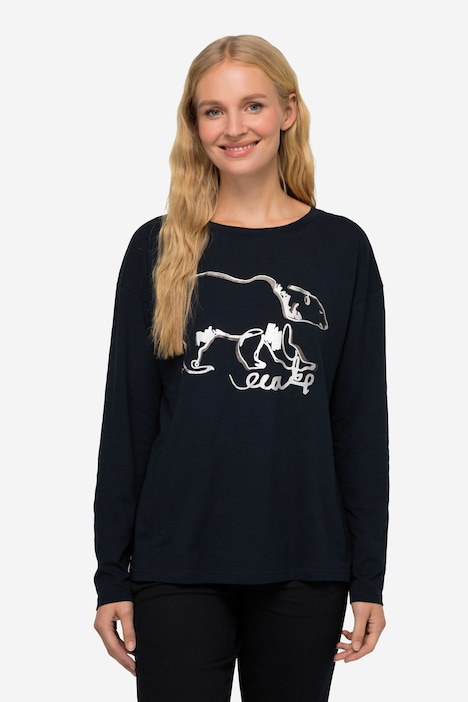 T-shirt oversized à col rond et manches longues. Motif ours blanc