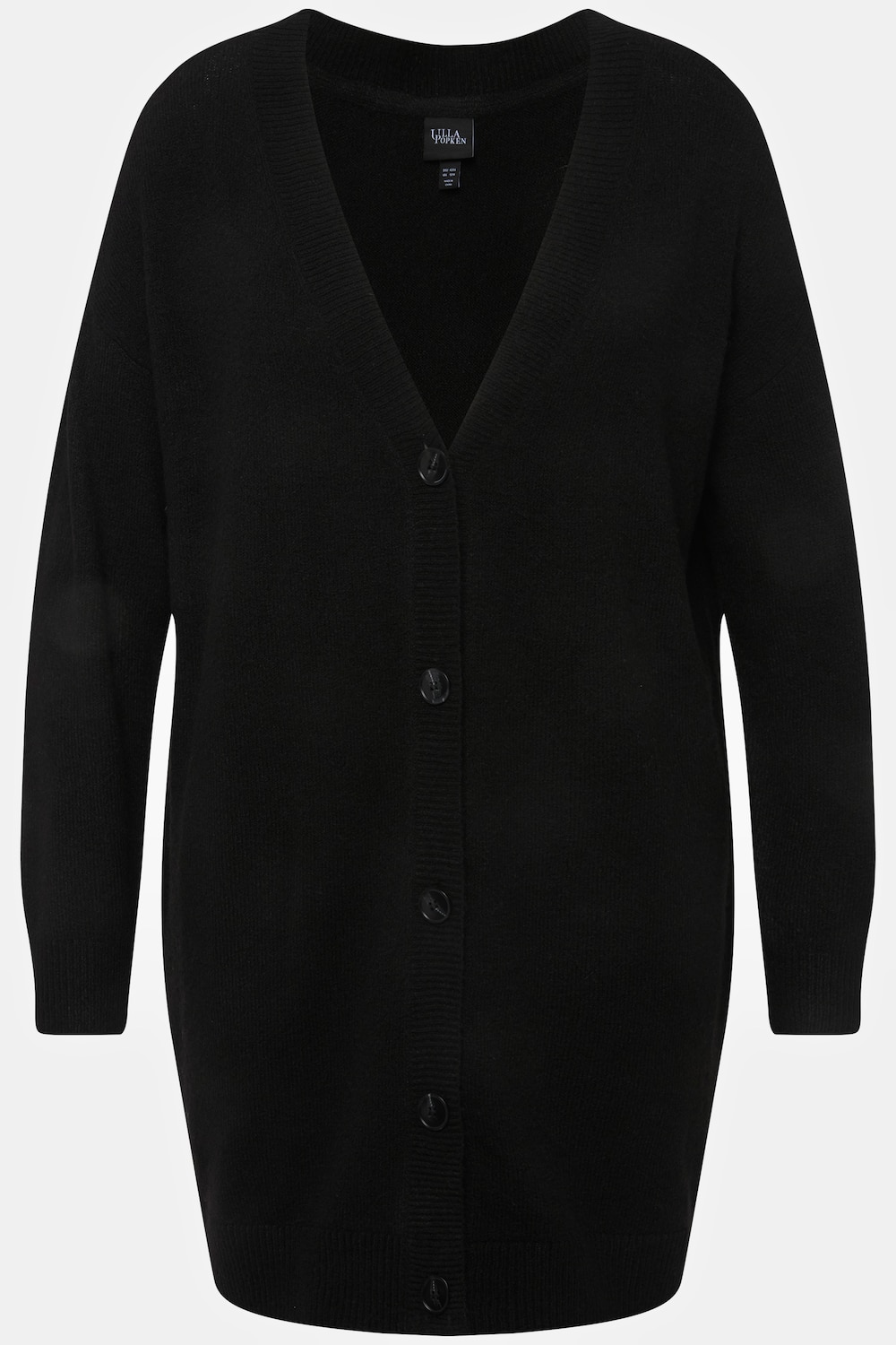 Stora storlekar Finstickad kofta i boxig modell med knappar och v-ringning, Dam, svart, storlek: 46/48, Syntetfibrer/Polyester, Ulla Popken