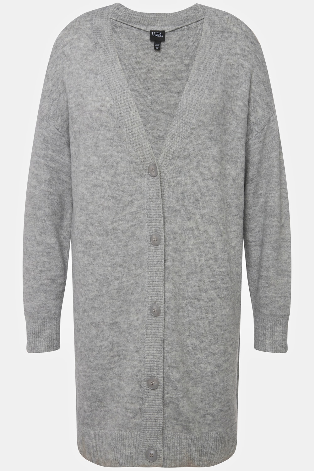 Stora storlekar Finstickad kofta i boxig modell med knappar och v-ringning, Dam, grå, storlek: 42/44, Syntetfibrer/Polyester, Ulla Popken