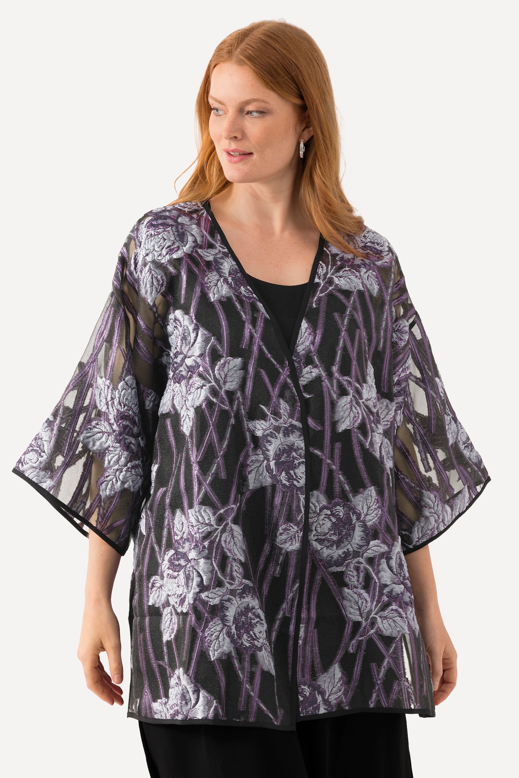 Ulla Popken Damen große Größen Blusenjacke florales Design V Ausschnitt