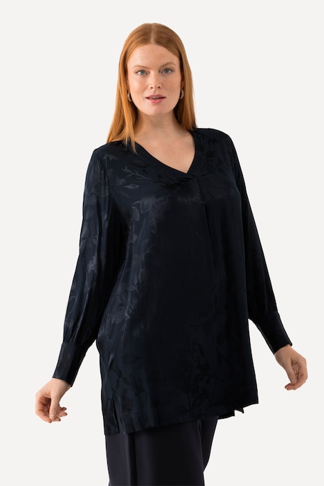 Blouse jacquard imprimé floral, col en V et manches longues