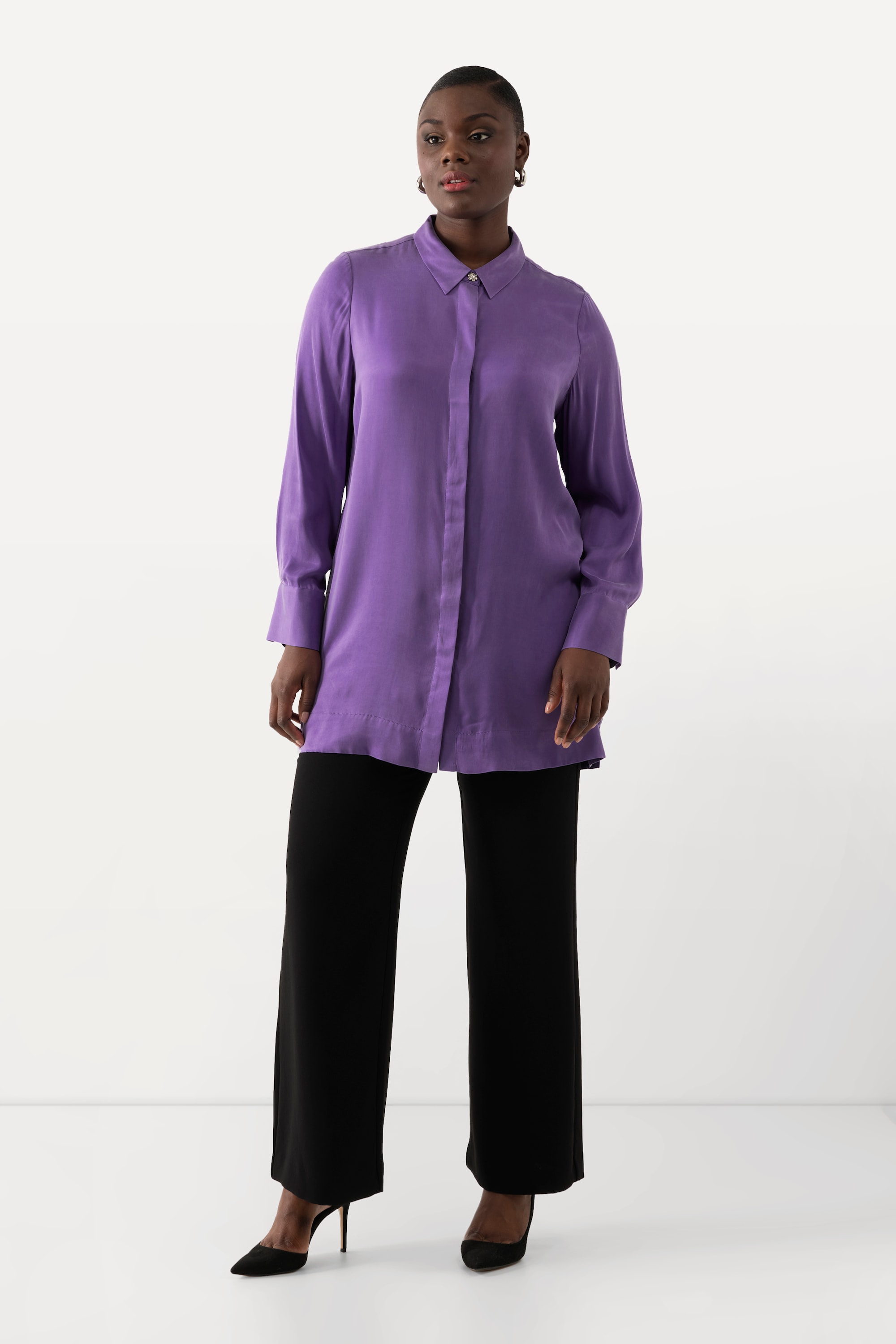 Ulla Popken Damen große Größen Bluse Cupromix Hemdkragen Langarm 823790