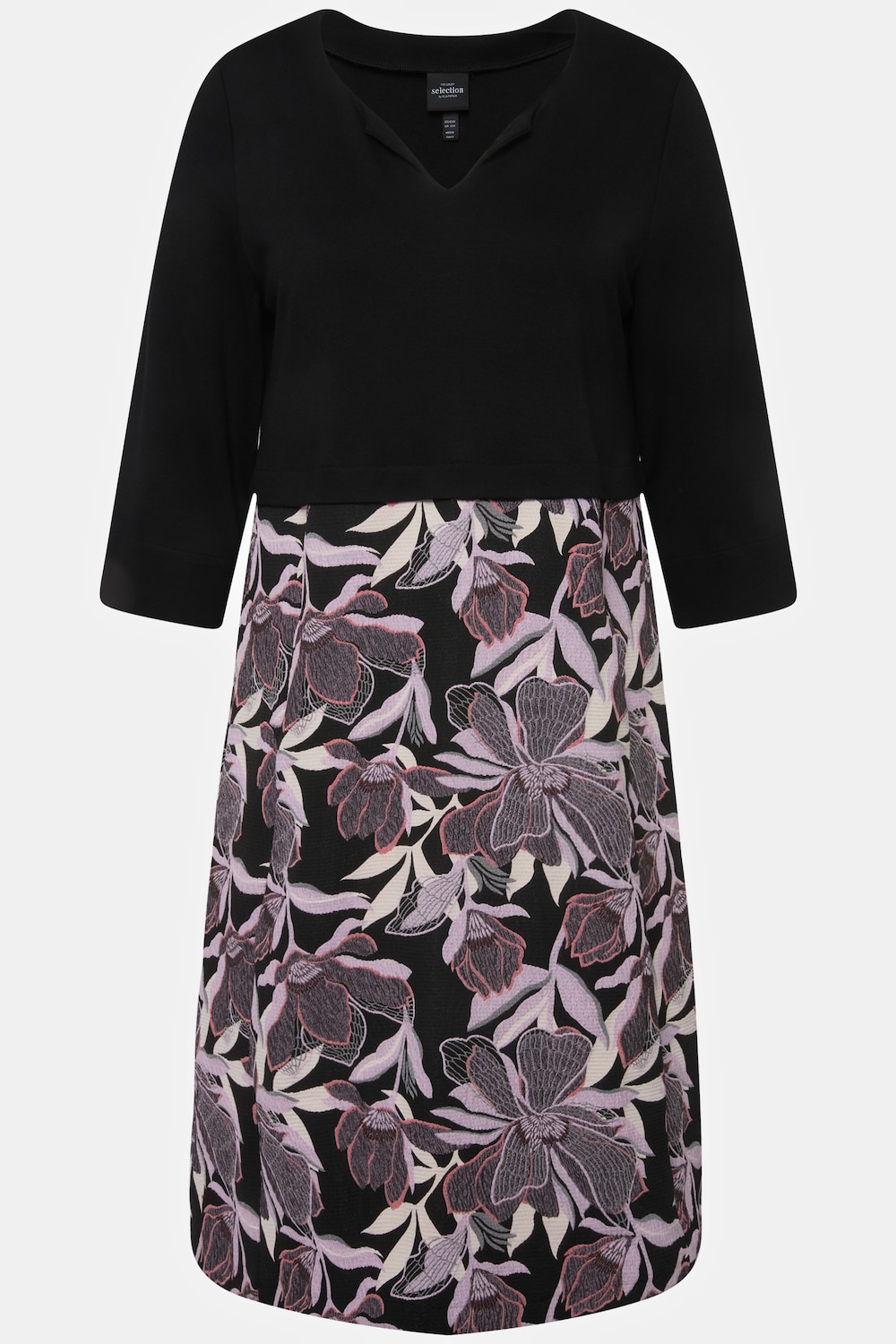 Stora storlekar Klänning i materialmix med tunikaringning och trekvartsärm, Dam, svart, storlek: 50/52, Syntetfibrer/Polyester/Bomull, Ulla Popken