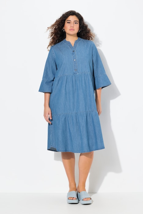 Tiered 3/4 Sleeve Chambray Dress