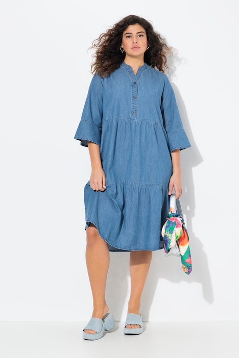 Tiered 3/4 Sleeve Chambray Dress