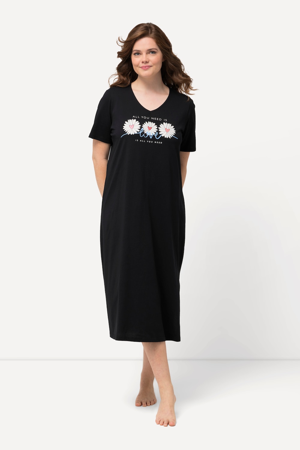 grandes tailles chemise de nuit motif fleurs, femmes, noir, taille: 52/54, coton, ulla popken