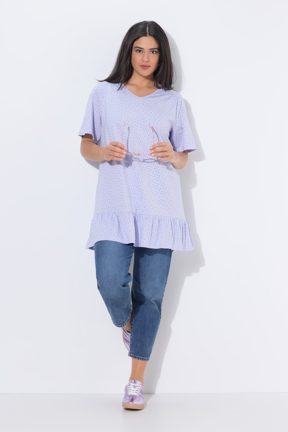 T-Shirt, Volant, A-Linie, V-Ausschnitt, Glocken-Halbarm