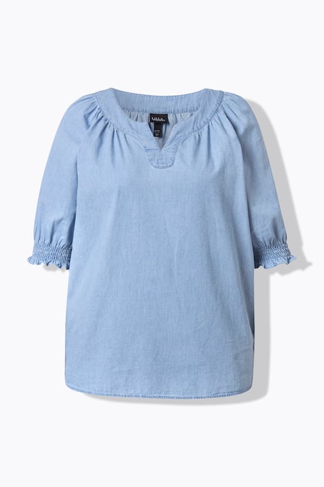 Bluse, Jeansoptik, Tunika-Ausschnitt, Halbarm
