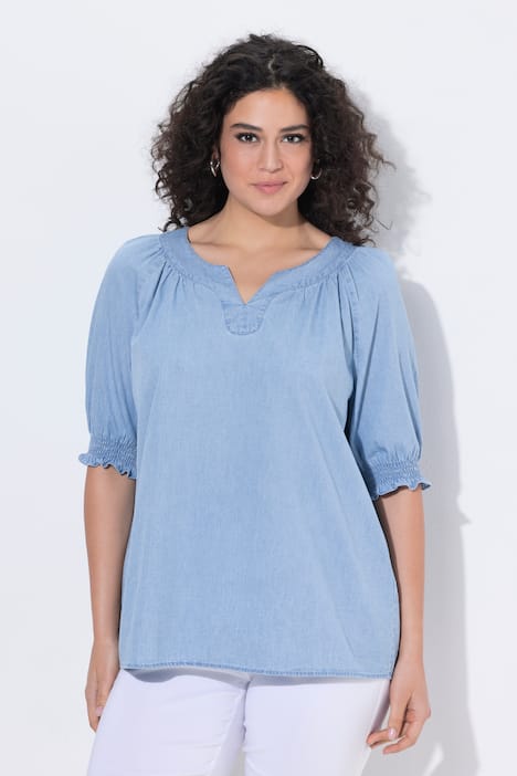 Bluse, Jeansoptik, Tunika-Ausschnitt, Halbarm