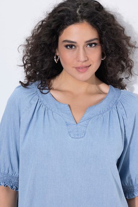 Bluse, Jeansoptik, Tunika-Ausschnitt, Halbarm