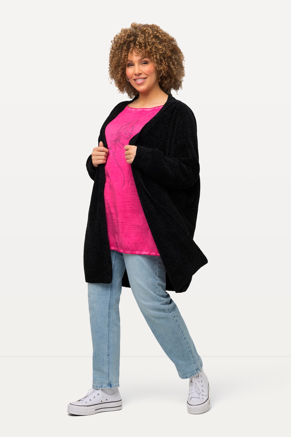 Große Größen Chenille-Strickjacke, Damen, schwarz, Größe: 50/52, Polyester, Ulla Popken