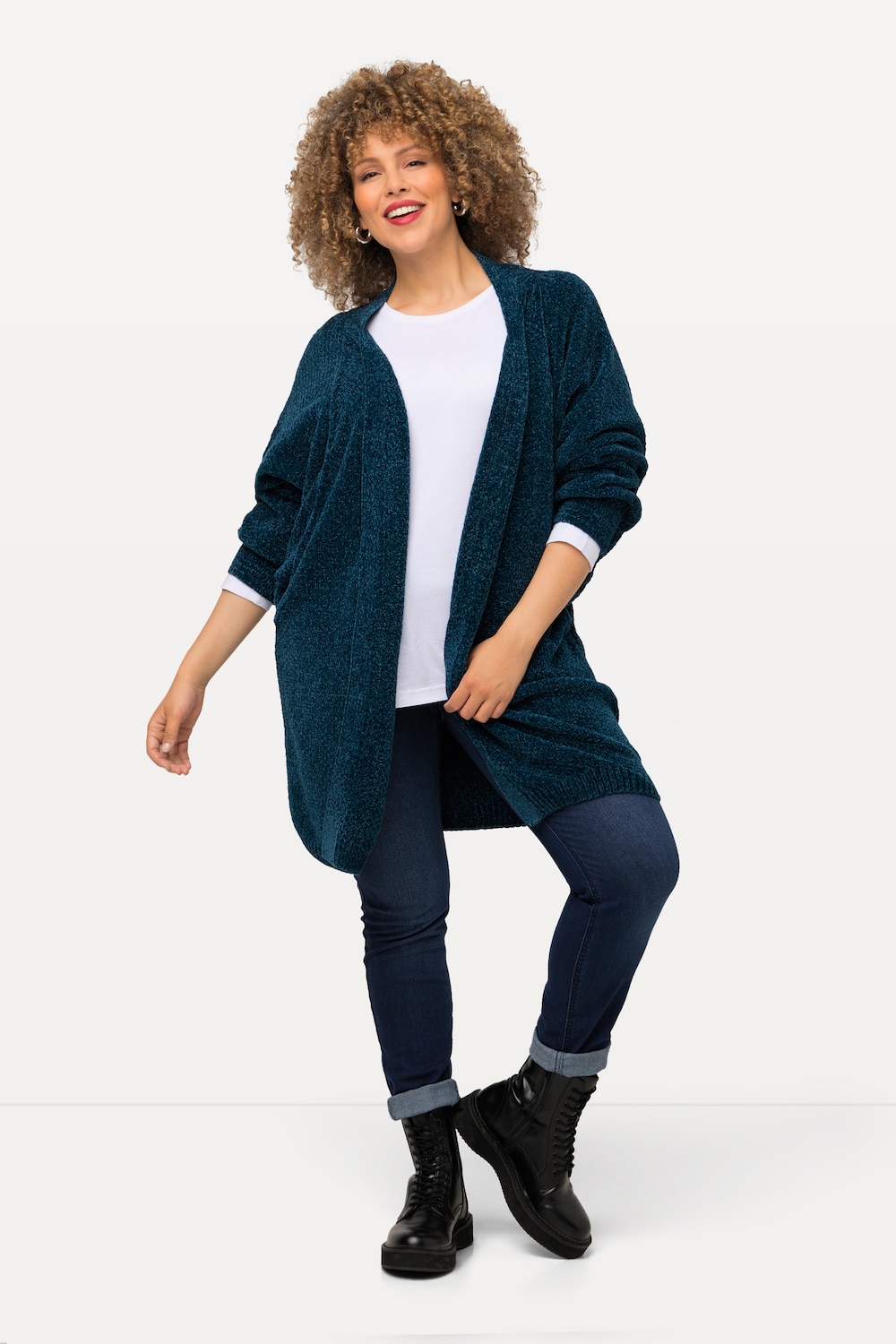 Große Größen Chenille-Strickjacke, Damen, blau, Größe: 62/64, Polyester, Ulla Popken