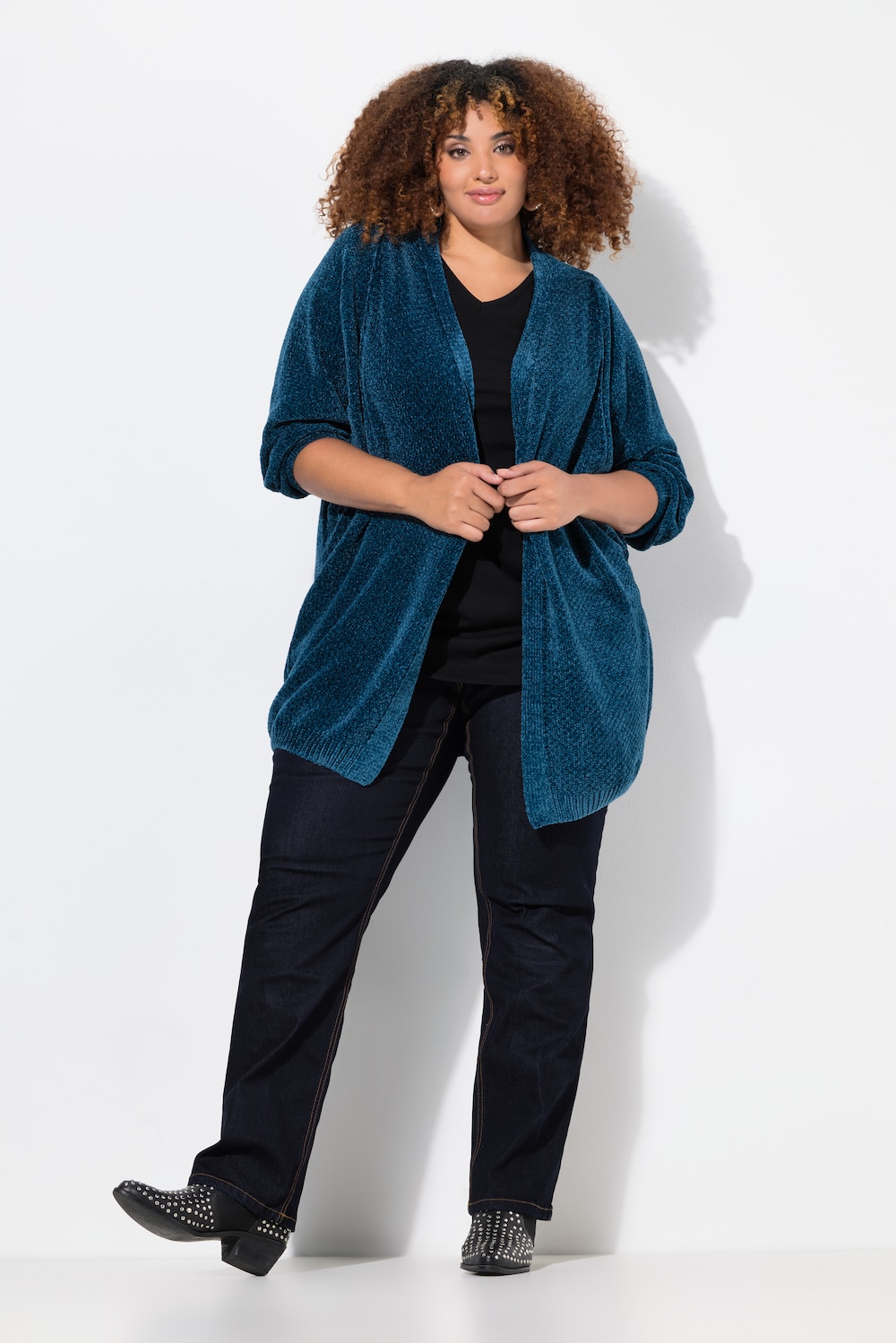 Chenille-strikkejakke, oversized, V-hals, åpen fasong