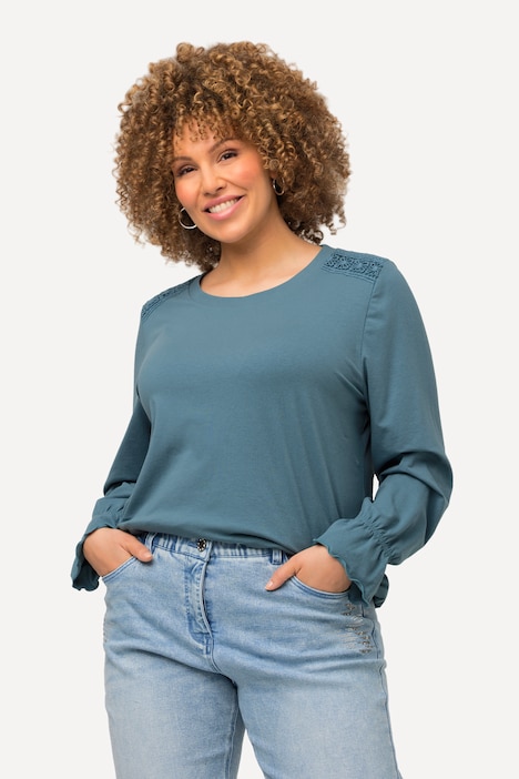 Lace Detail Long Sleeve Crew Neck Tee, Knit Tunics