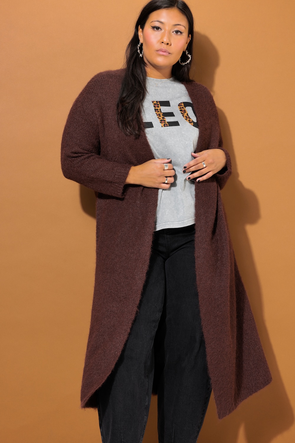 Große Größen Long-Strickjacke, Damen, braun, Größe: 50/52, Polyester/Synthetische Fasern, Studio Untold