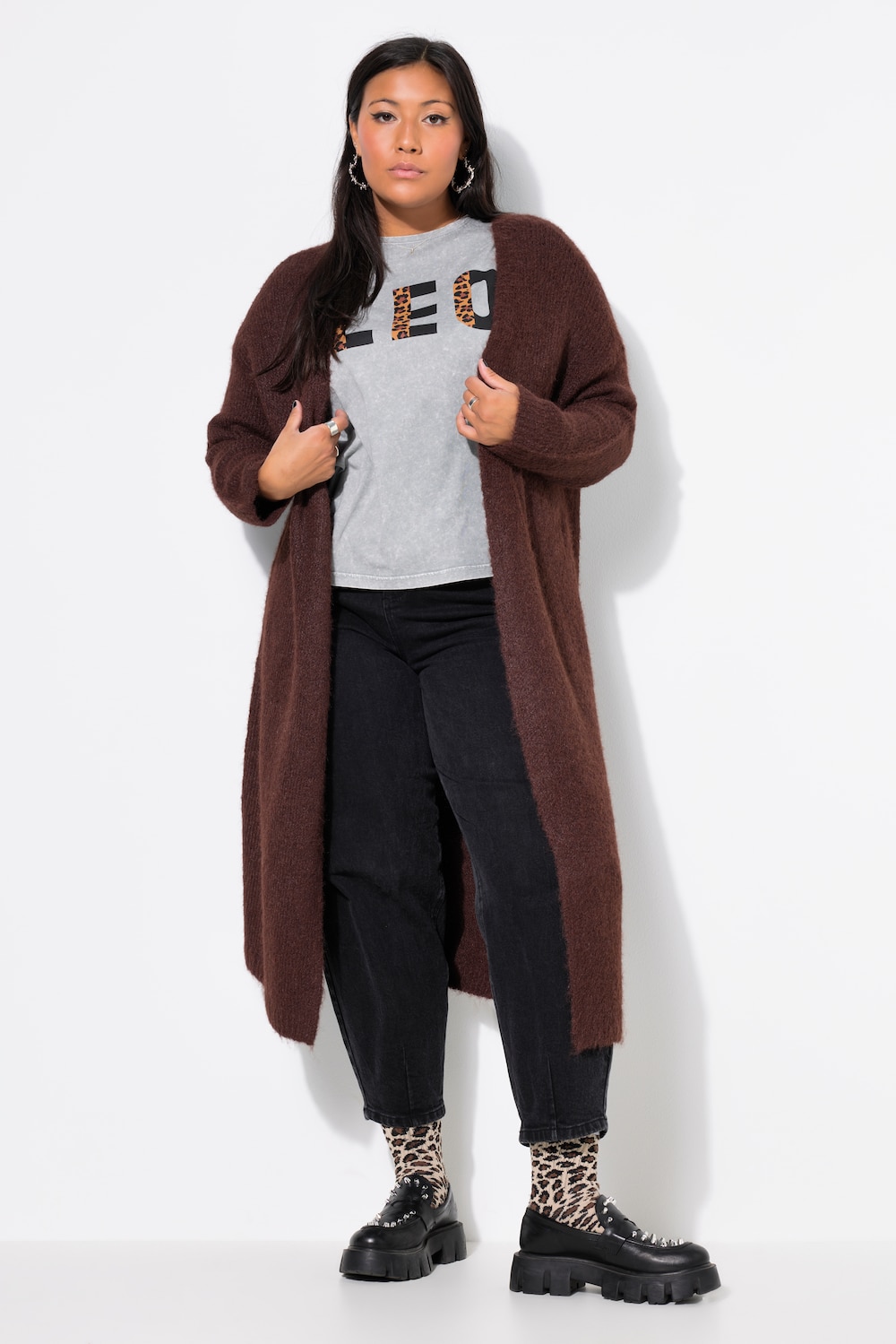 Long-Strickjacke, oversized, offene Form, Langarm