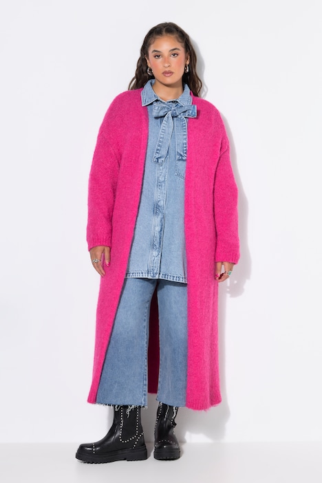 Long-Strickjacke, oversized, offene Form, Langarm