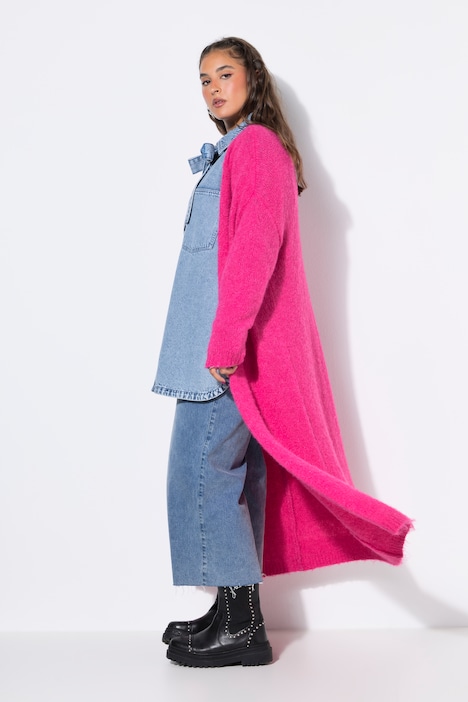 Long-Strickjacke, oversized, offene Form, Langarm