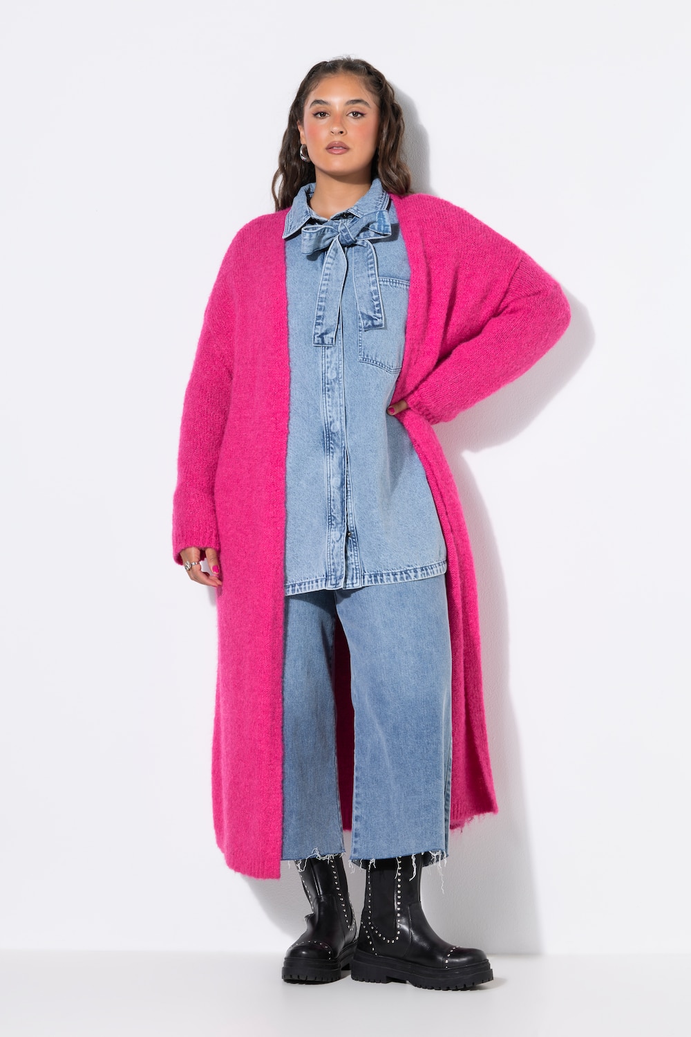 Long-Strickjacke, oversized, offene Form, Langarm