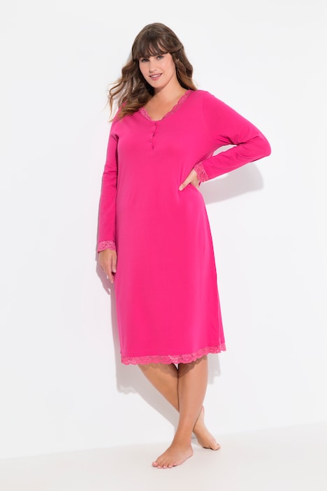 Lace Trim Long Sleeve V Neck Nightgown pink Ulla Popken