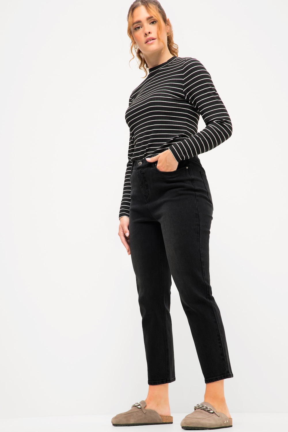 grandes tailles jean mom large à taille haute et élastique, femmes, noir, taille: 58, coton, studio untold