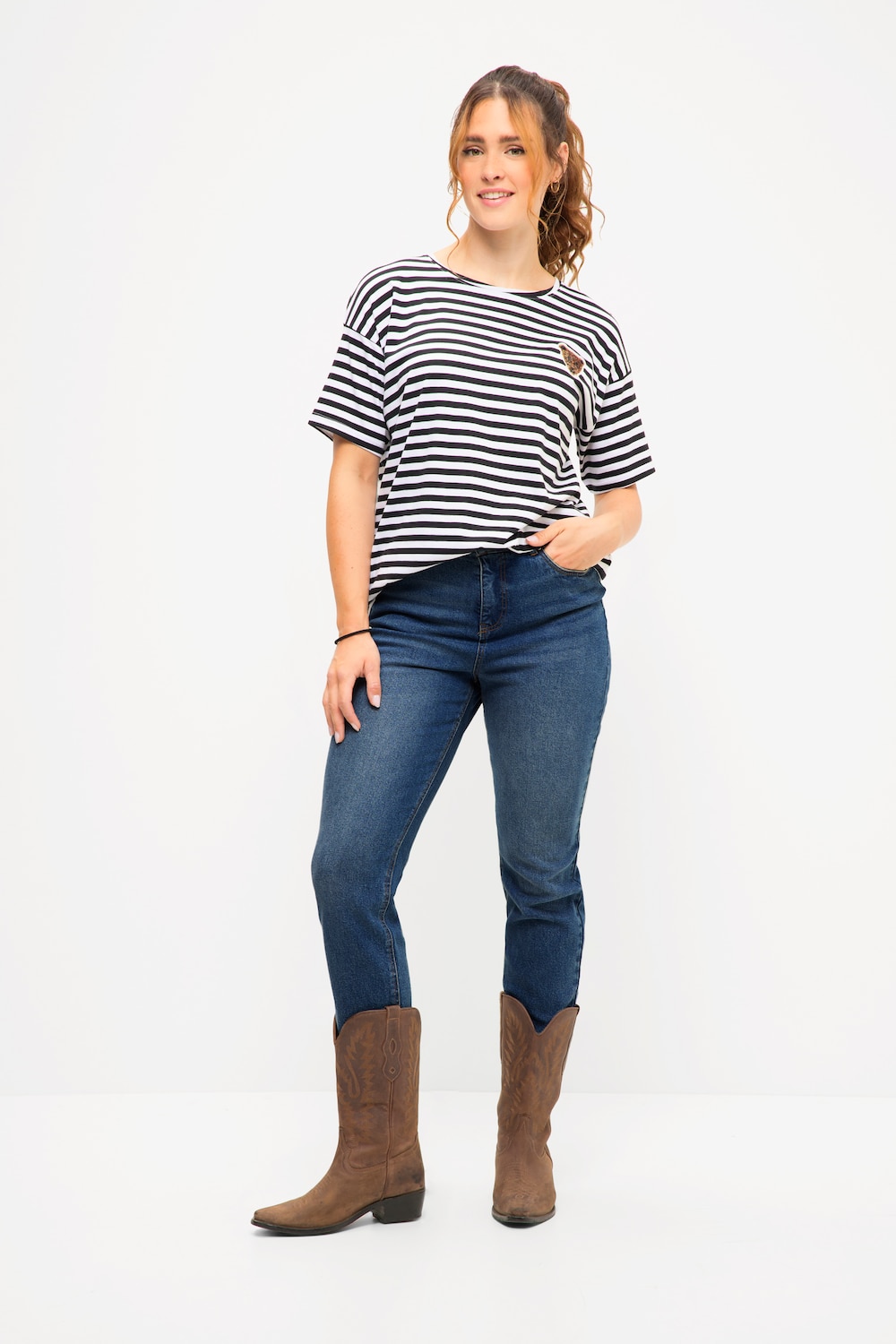 grandes tailles jean mom large à taille haute et élastique, femmes, bleu, taille: 50, coton, studio untold
