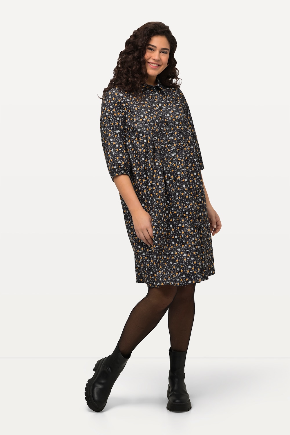 Ditsy Floral 3/4 Sleeve Collared Corduroy Dress