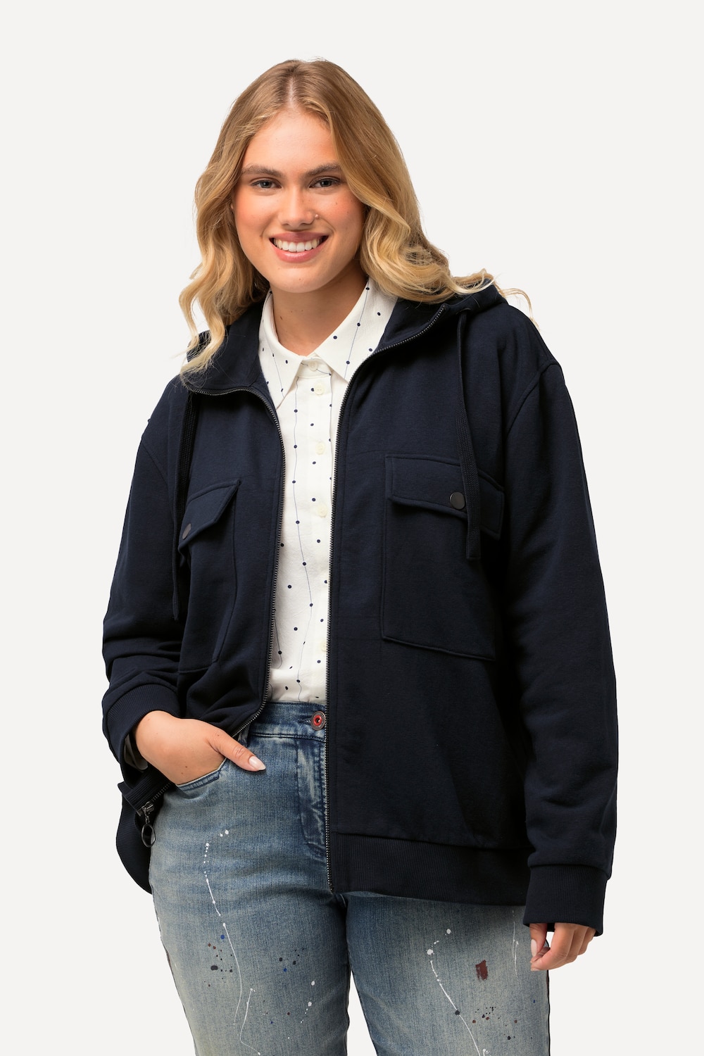 grandes tailles veste à capuche oversized en molleton, femmes, bleu, taille: 60/62, coton/polyester, ulla popken