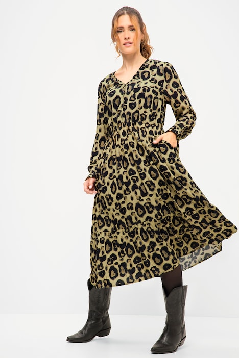 Leopard Print Long Sleeve A-Line Dress