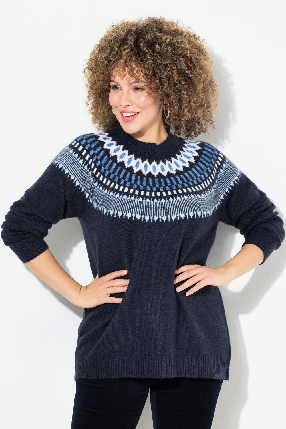 Große Größen Norweger-Pullover, Damen, blau, Größe: 62/64, Synthetische Fasern/Polyester, Ulla Popken