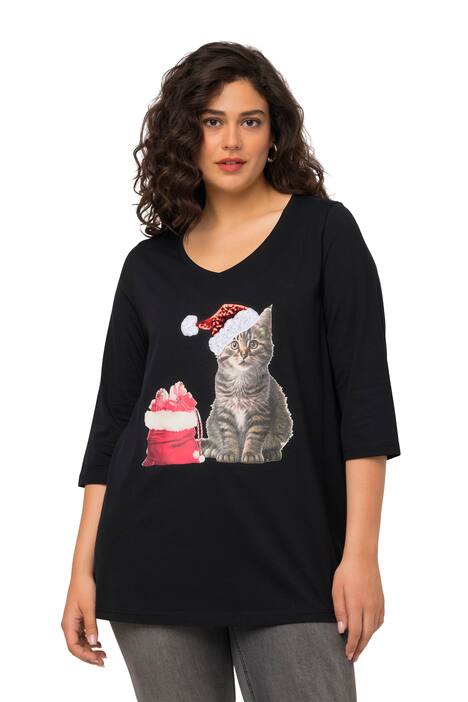 Vánoční tričko, flitry, výstřih do V, 3/4 rukávy