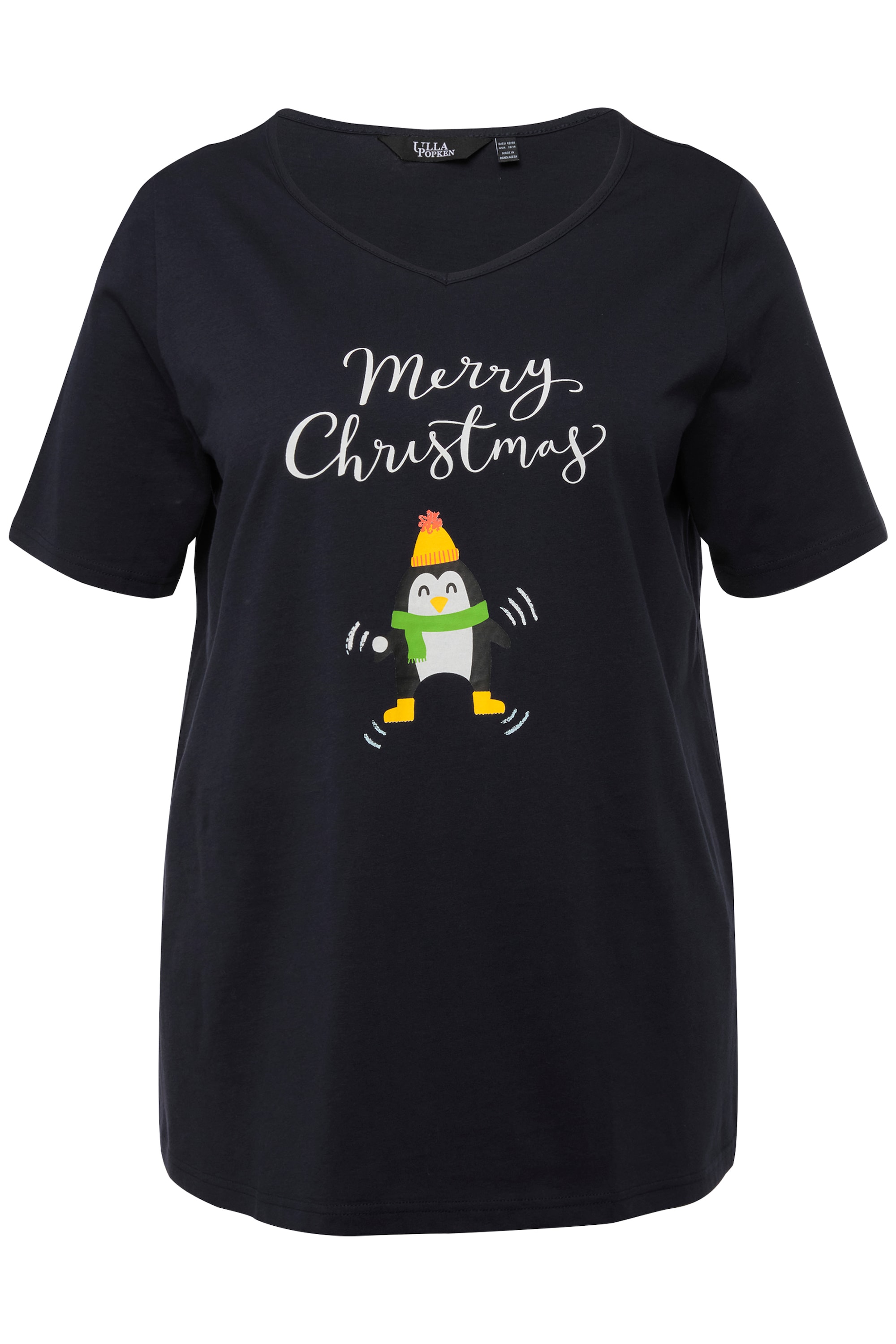 Ulla Popken Damen große Größen Weihnachts Shirt Pinguin A Linie V Ausschnitt