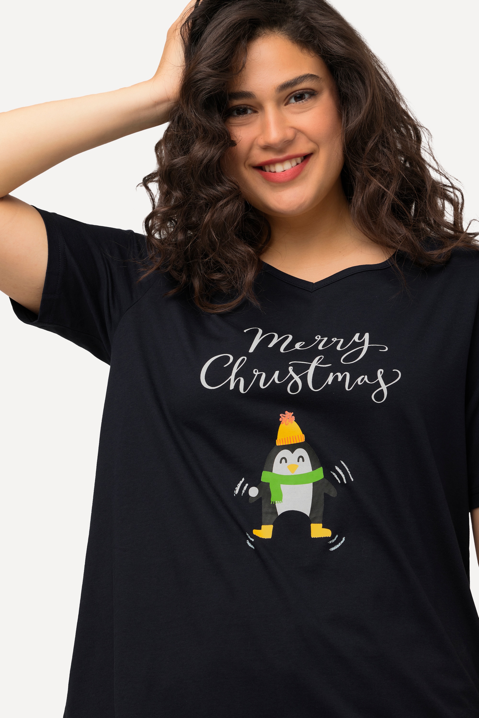 Ulla Popken Damen große Größen Weihnachts Shirt Pinguin A Linie V Ausschnitt