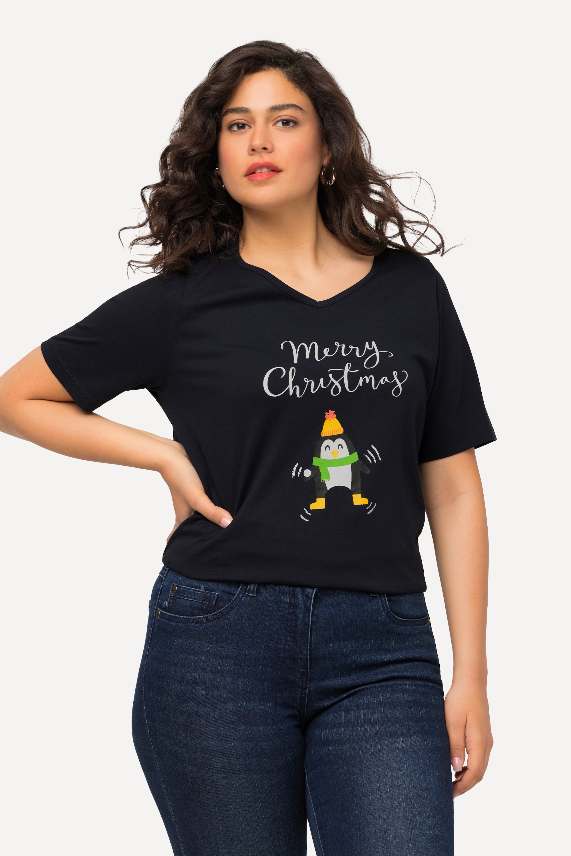 Ulla Popken Damen große Größen Weihnachts Shirt Pinguin A Linie V Ausschnitt