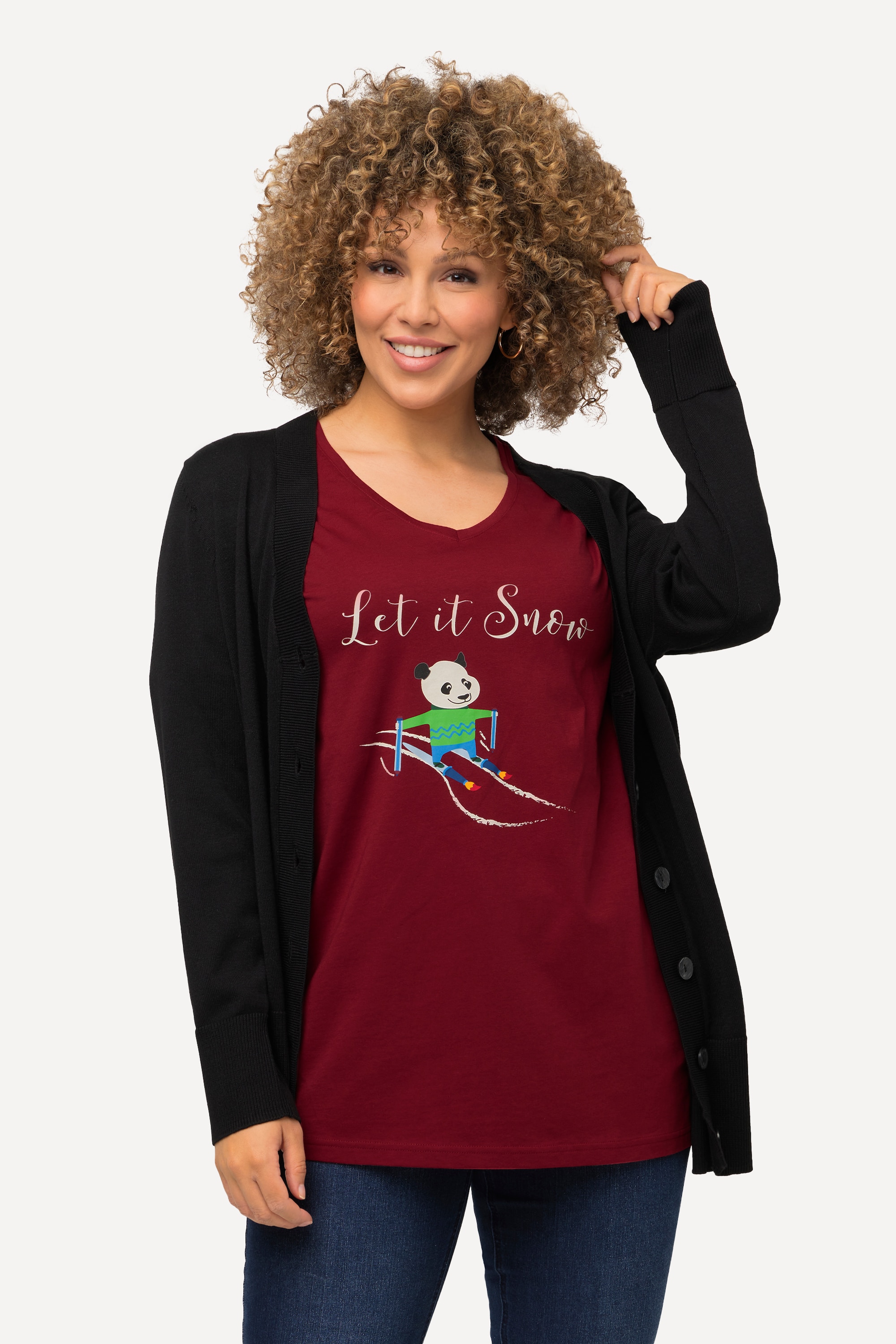 Ulla Popken Damen große Größen Weihnachts Shirt Panda Classic V Ausschnitt