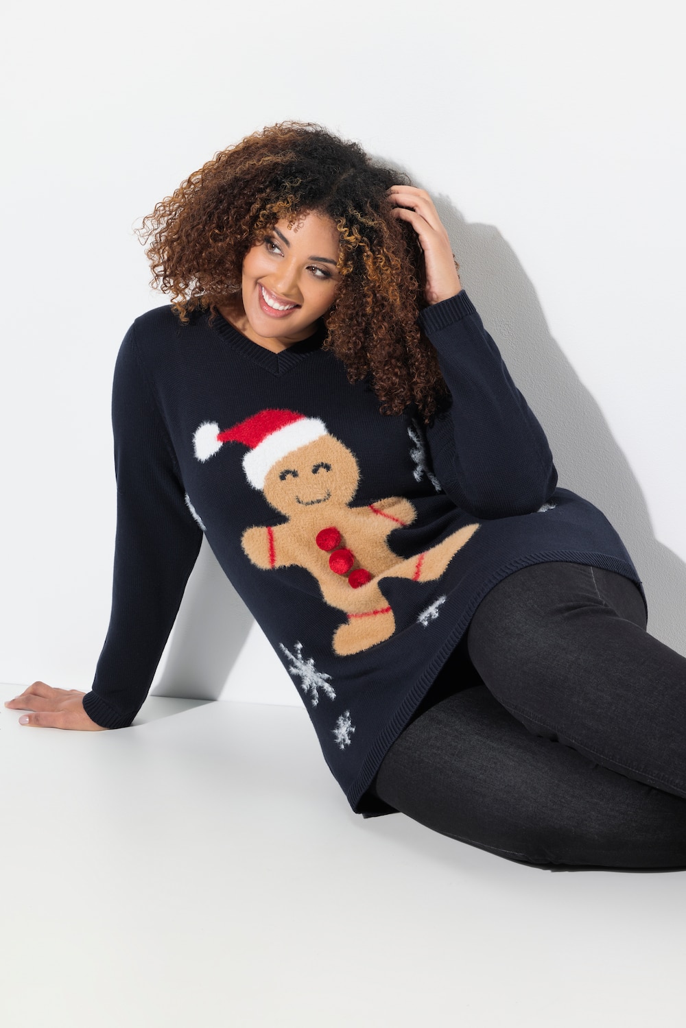 Weihnachts-Pullover, Lebkuchenmann, V-Ausschnitt, Langarm