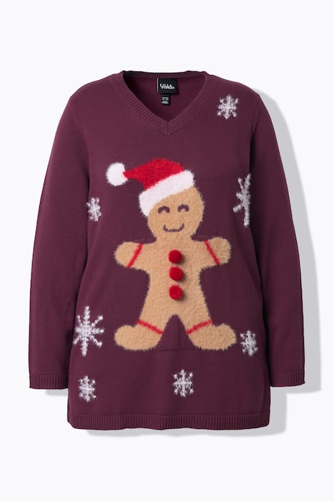 Weihnachts-Pullover, Lebkuchenmann, V-Ausschnitt, Langarm