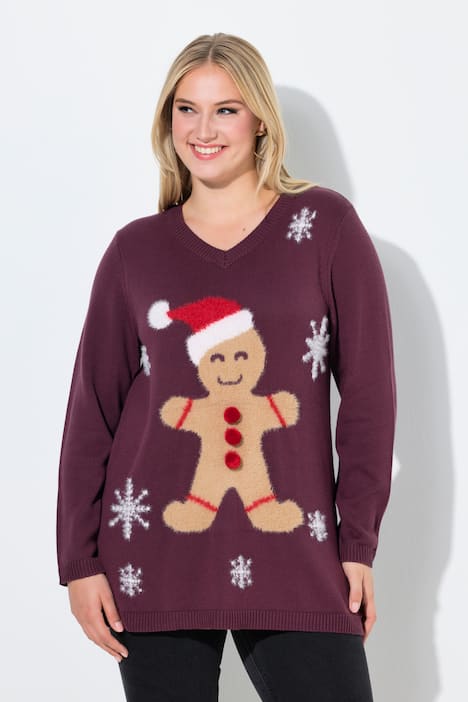 Weihnachts-Pullover, Lebkuchenmann, V-Ausschnitt, Langarm