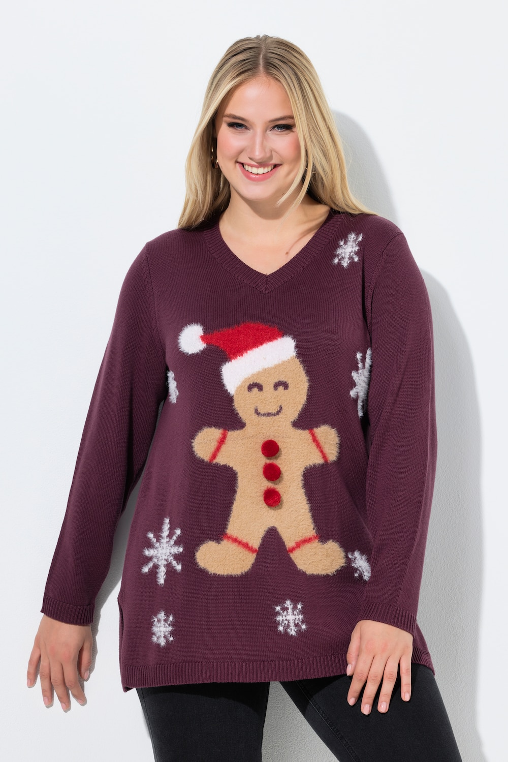 Weihnachts-Pullover, Lebkuchenmann, V-Ausschnitt, Langarm