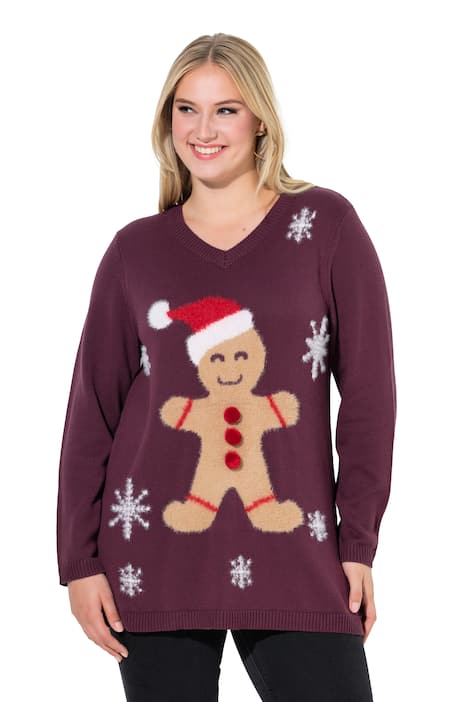 Vánoční svetr, motiv perníčka, výstřih do V, dlouhé rukávy