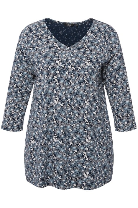 Tričko, květy, ozdobné sklady, výstřih do V, 3/4 rukávy