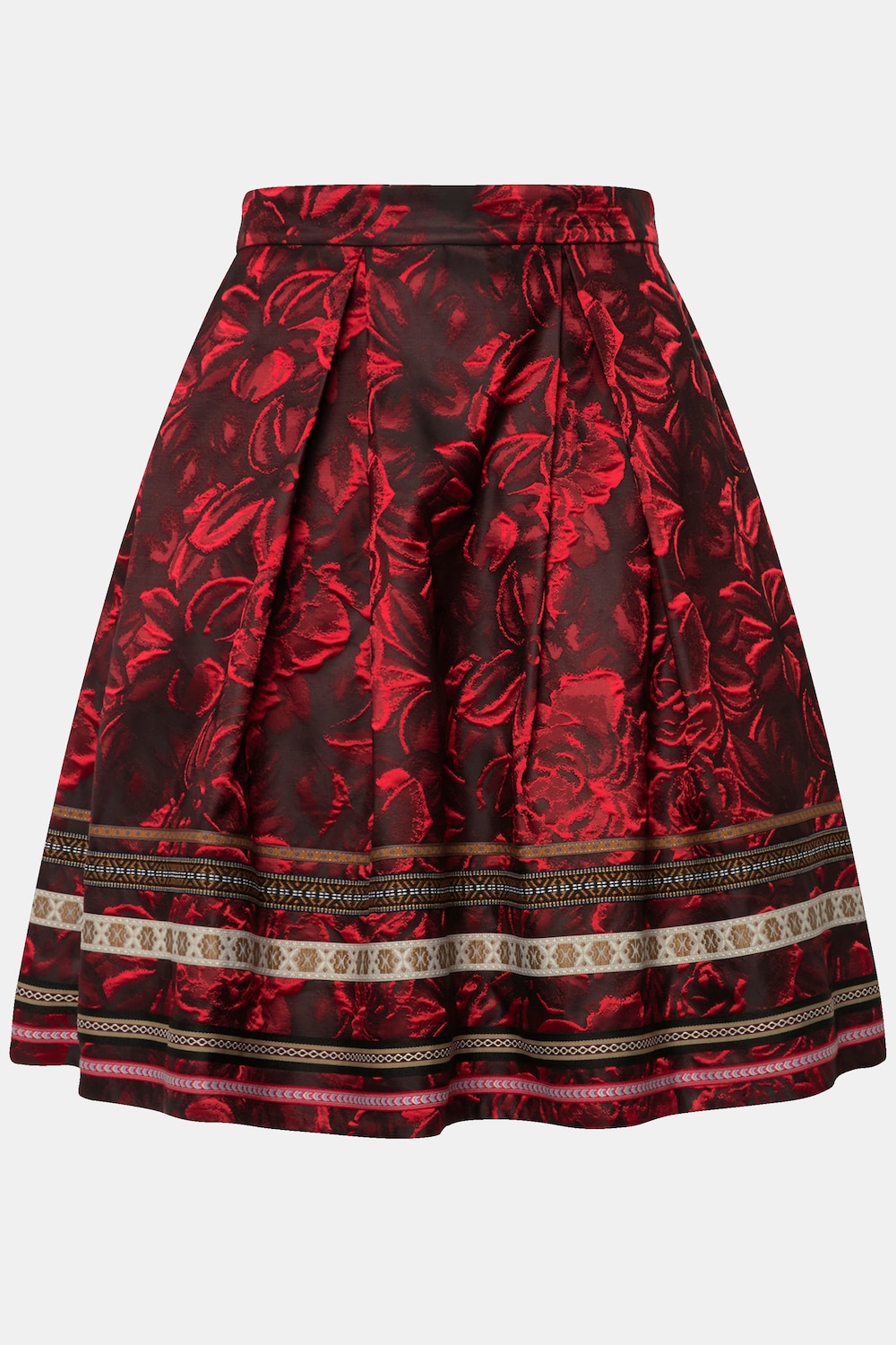 Stora storlekar Kjol i A-linjemodell med jacquard-blommönster och dekorativa band, Dam, röd, storlek: 46, Polyester, Ulla Popken