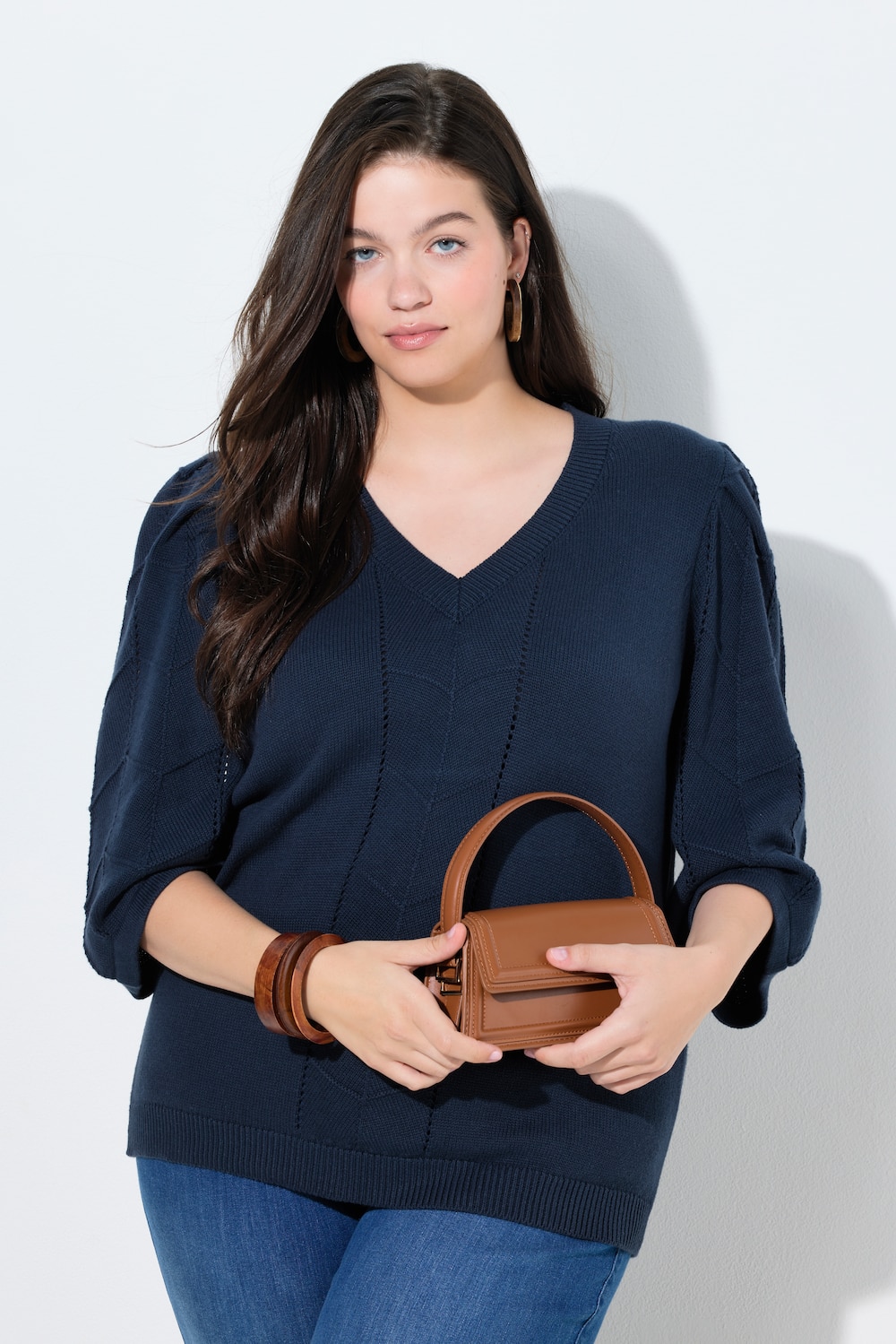 Pullover, Ajourstrick, V-Ausschnitt, 3/4-Arm, Biobaumwolle